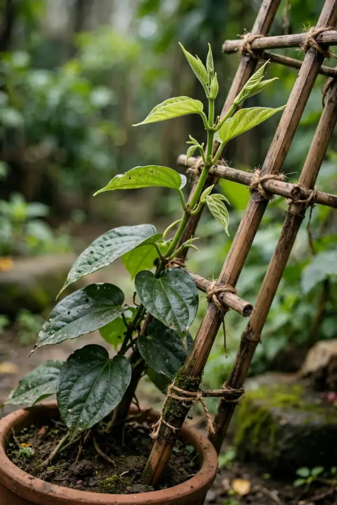 A betel vine pushing vigorous new spring shoots on its trellis