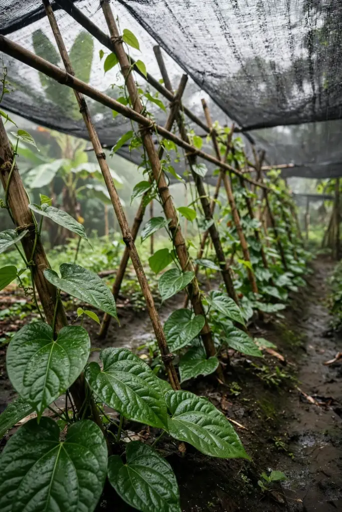 Lush betel vines climbing supports under shade cloth in a humid tropical garden