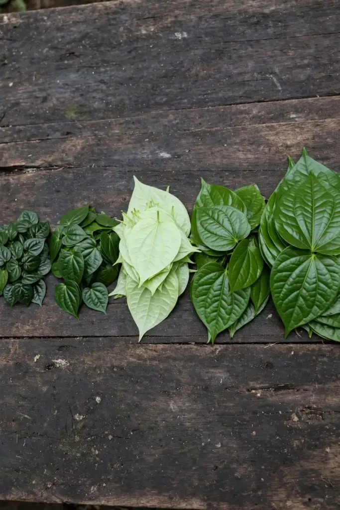 Five groups of betel leaves showing different sizes and shades of green