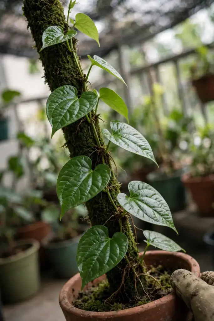 A betel vine climbing a damp moss pole with aerial roots at the nodes