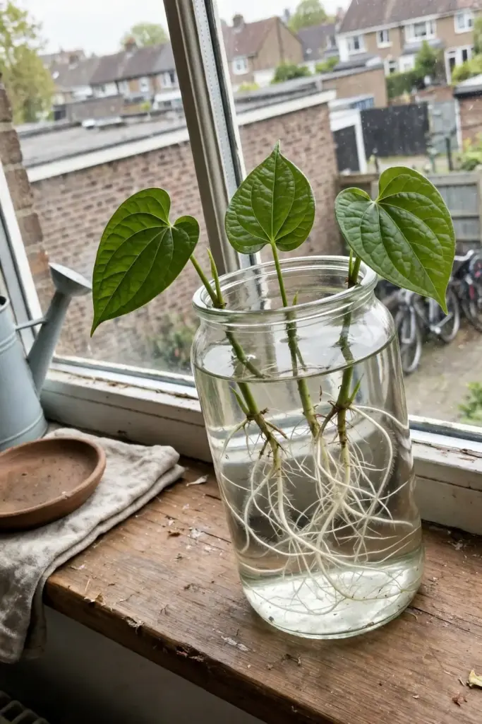 Betel leaf cuttings rooting in a glass jar of water on a windowsill