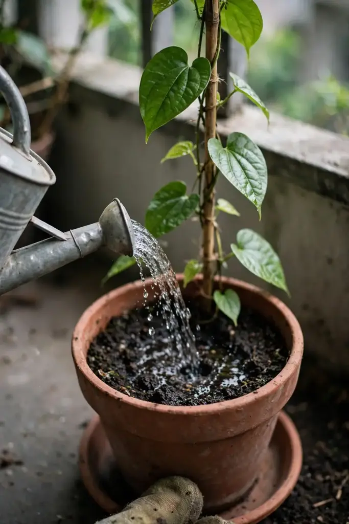 Water being poured gently at the base of a potted betel vine