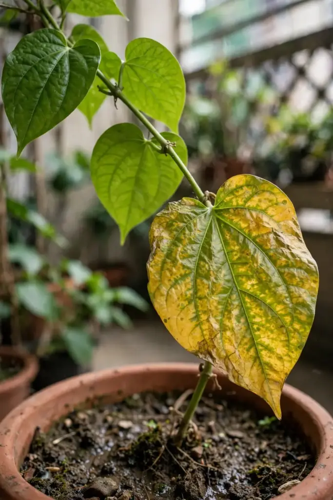 Close view of a yellowing betel leaf showing diagnostic symptoms