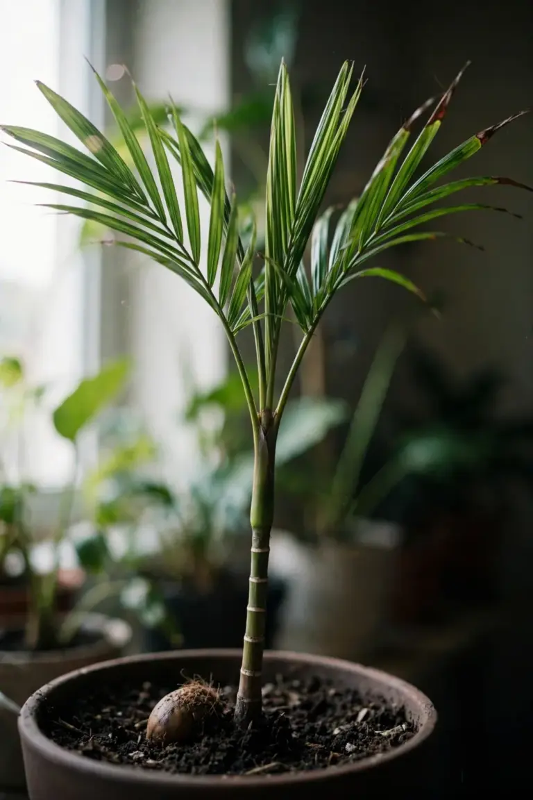 Juvenile betel nut palm with a single stem and green crownshaft in a pot