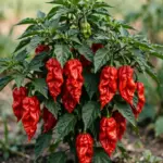 Bushy ghost pepper plant loaded with wrinkled red bhut jolokia pods