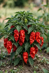 Bushy ghost pepper plant loaded with wrinkled red bhut jolokia pods