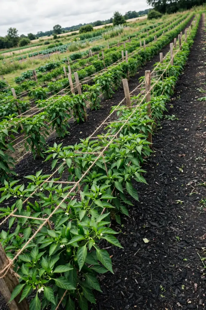 Rows of pepper plants in a long-season summer vegetable garden