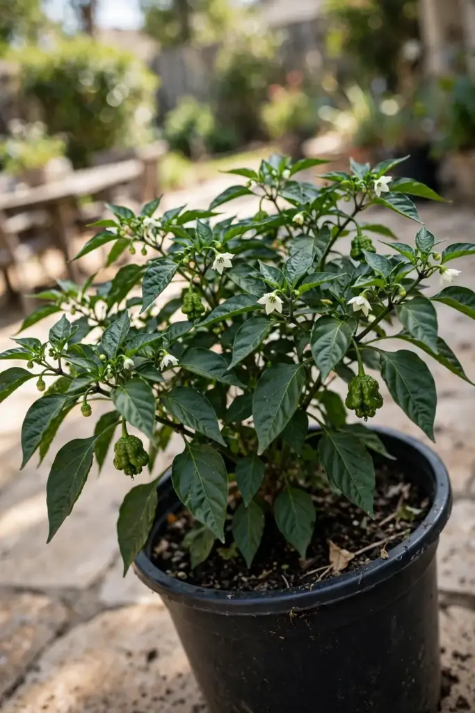 Bushy ghost pepper plant thriving in a large container on a patio