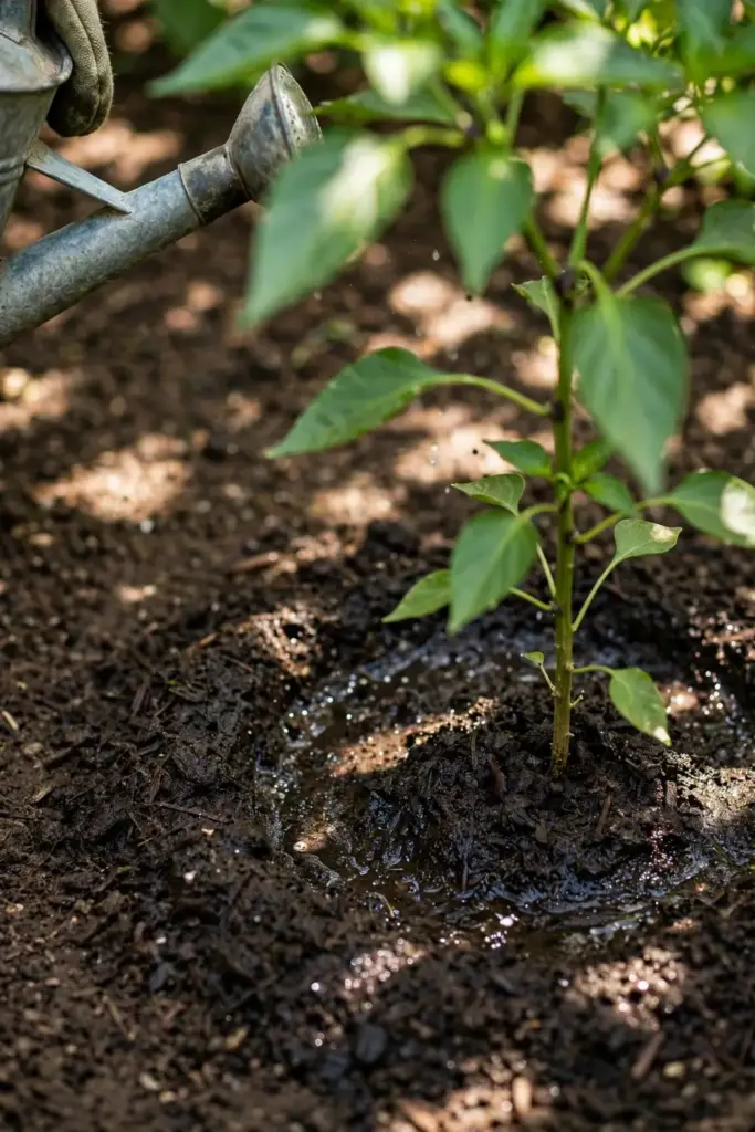Water soaking into soil at the base of a pepper plant