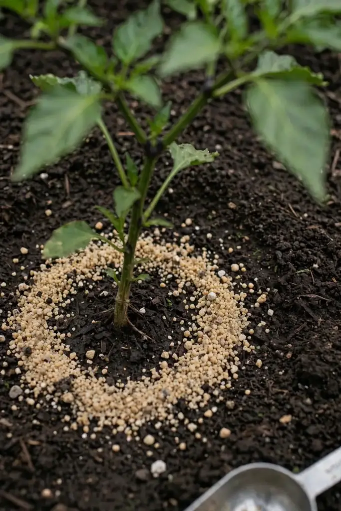 Granular fertilizer scattered around the base of a pepper plant