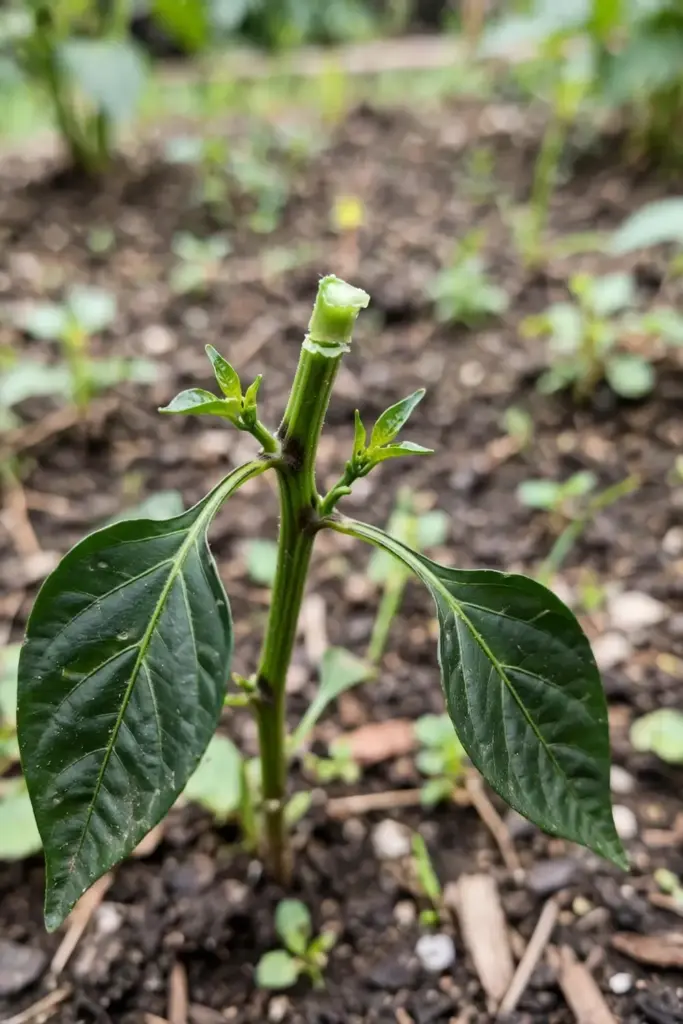 Pinched growing tip of a young pepper plant with side shoots forming