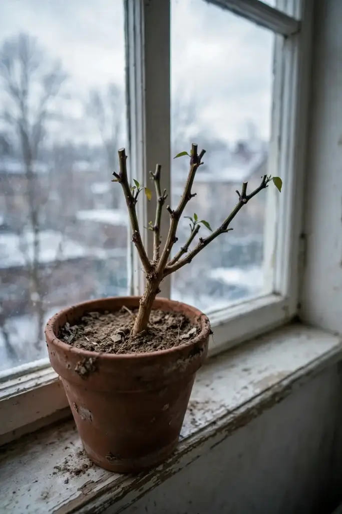 Pruned-back pepper plant overwintering in a pot by a bright window