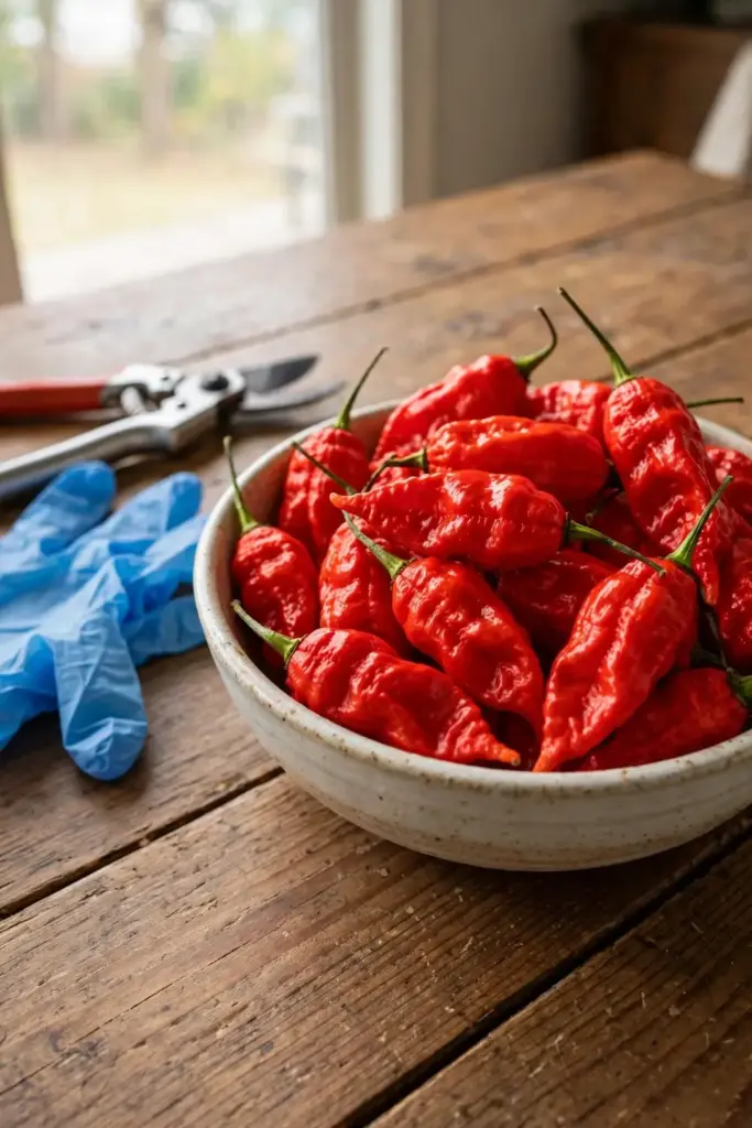 Bowl of freshly harvested ripe red bhut jolokia ghost peppers