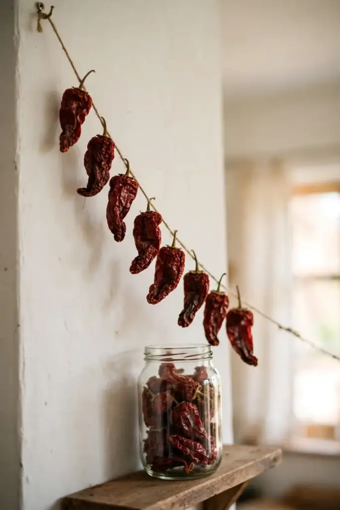 String of dried red ghost peppers hanging in a warm airy spot
