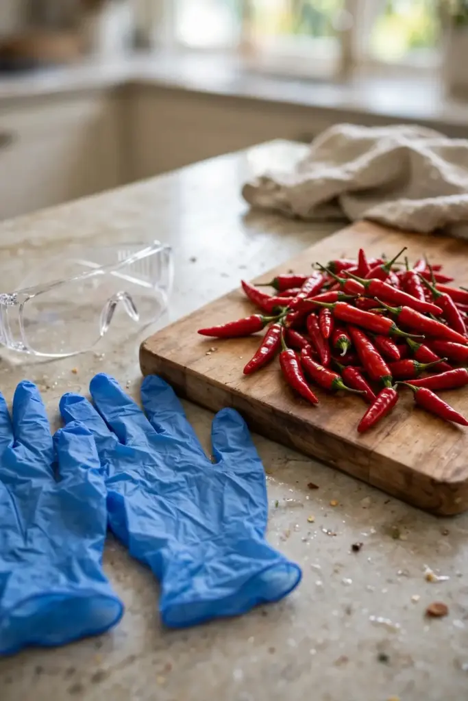 Nitrile gloves and safety glasses laid out beside hot peppers