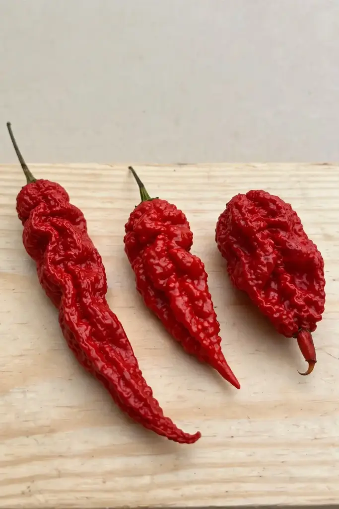 Three wrinkled superhot peppers side by side for visual comparison