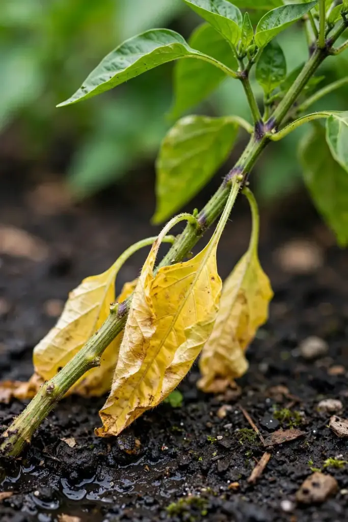 Close-up of yellowing lower leaves on an overwatered pepper plant