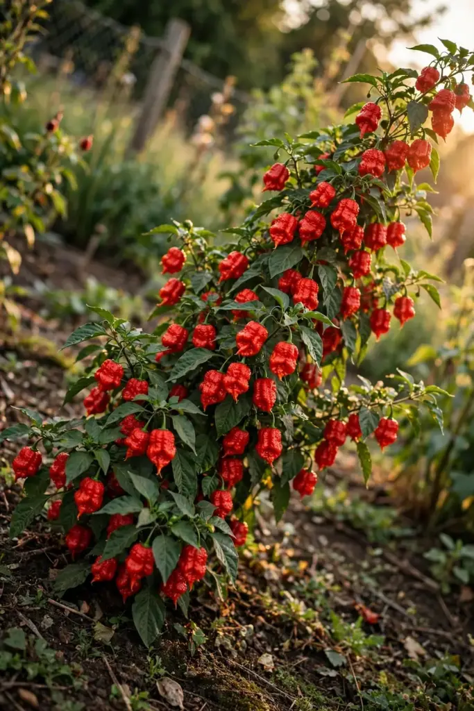 Mature ghost pepper plants heavy with red pods in a summer garden