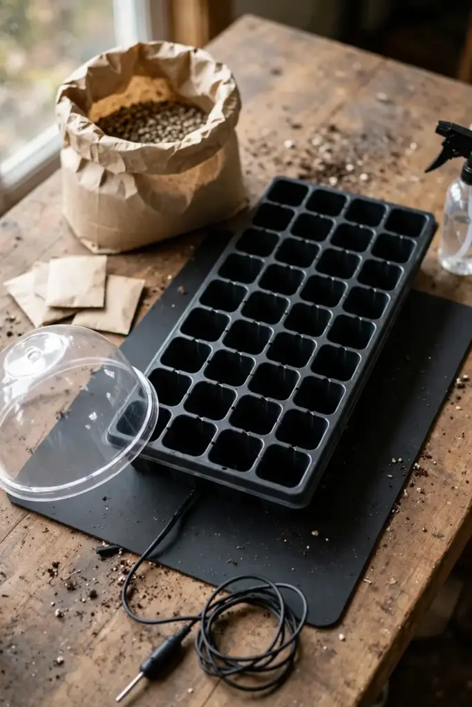 Seed starting tray with heat mat, dome, and seed packets on a table