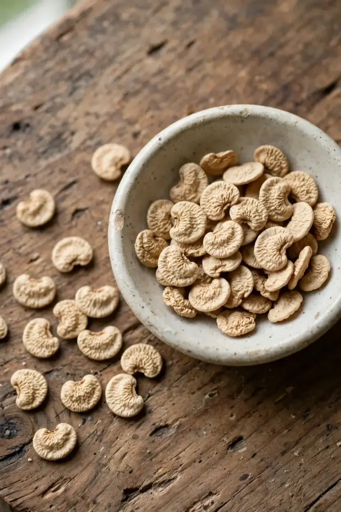 Close-up of pale wrinkled bhut jolokia seeds in a small dish