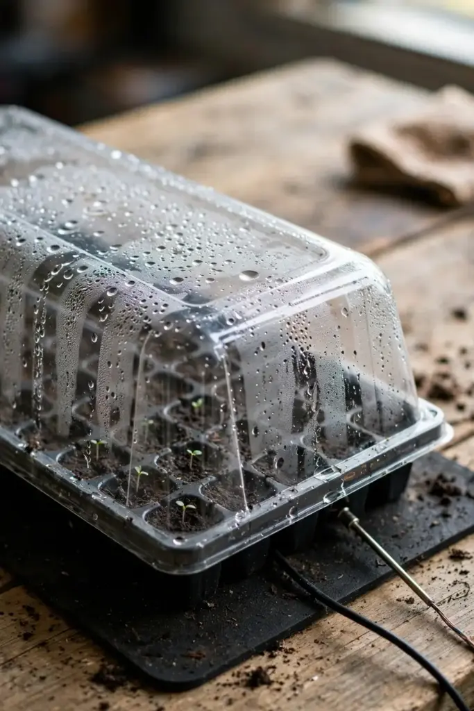 Seedling tray with humidity dome on a heat mat, first sprouts emerging
