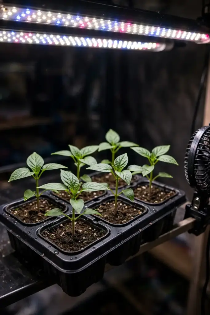 Stocky pepper seedlings under a grow light indoors