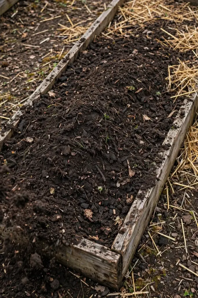 Garden bed soil with compost worked into the top layer