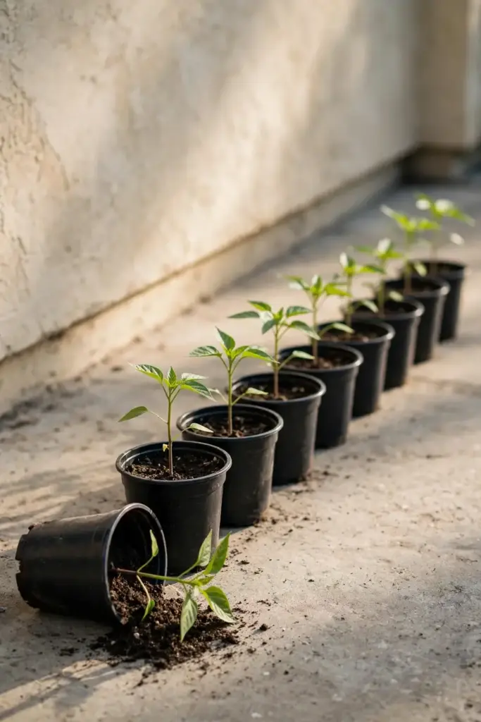 Potted pepper seedlings on a patio for hardening off in morning sun