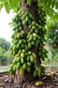 Bilimbi tree trunk covered in clusters of green cucumber-like fruit