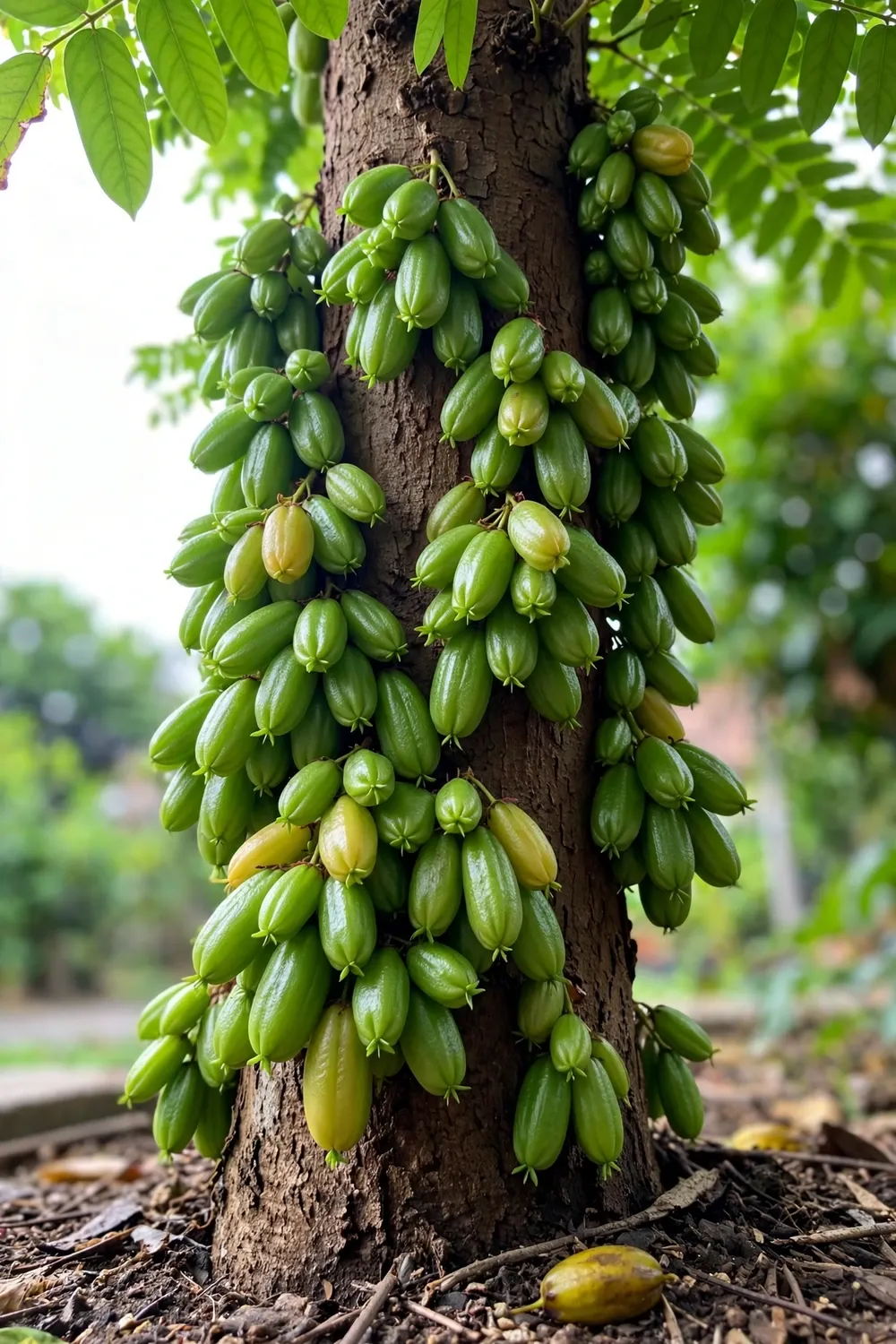 Bilimbi tree trunk covered in clusters of green cucumber-like fruit
