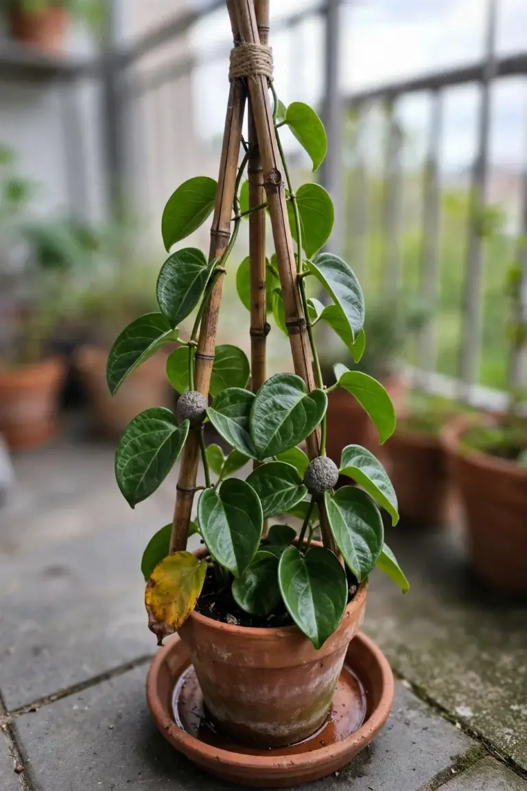 Potted Madeira vine with heart-shaped leaves climbing a trellis on a balcony