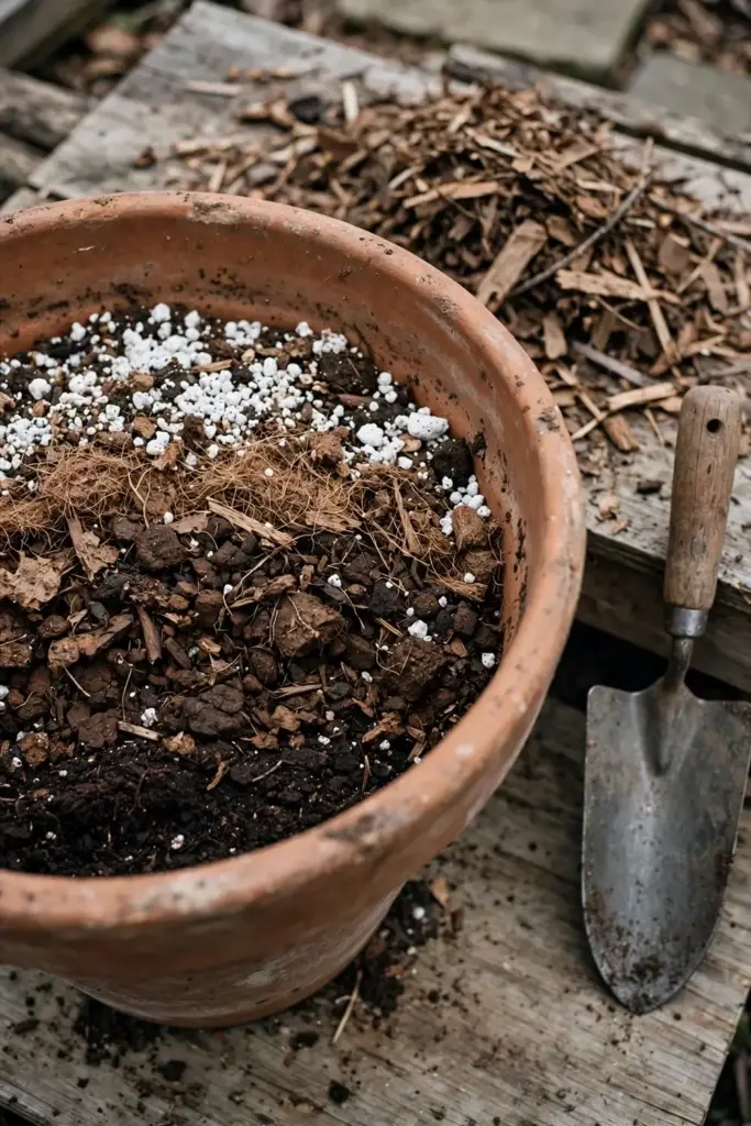 Potting mix ingredients for acidic humus-rich cardamom soil in a large pot