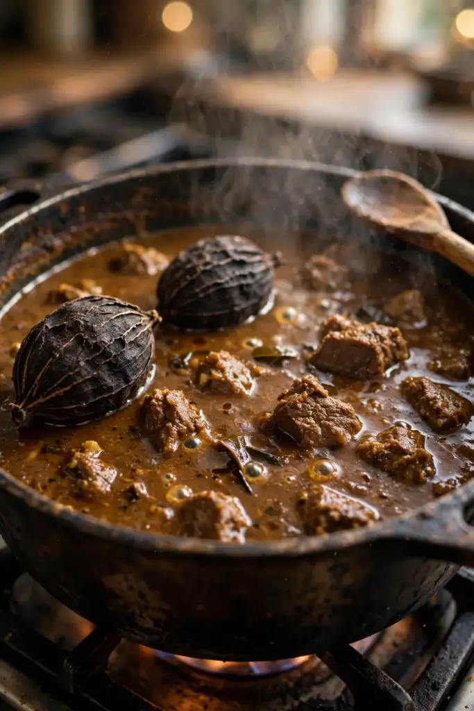 Whole black cardamom pods simmering in a pot of curry