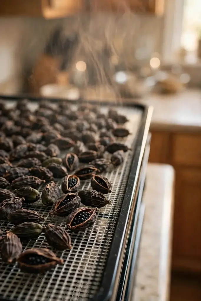 Black cardamom pods drying in a single layer on a dehydrator tray