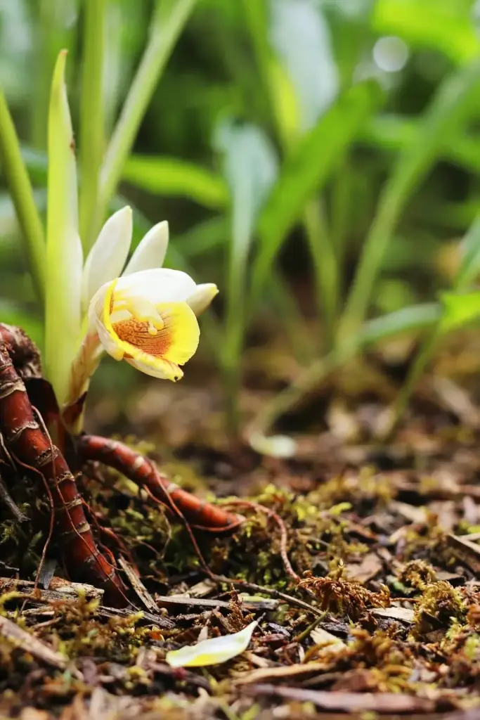 Pale yellow cardamom flowers on a low raceme at the rhizome base
