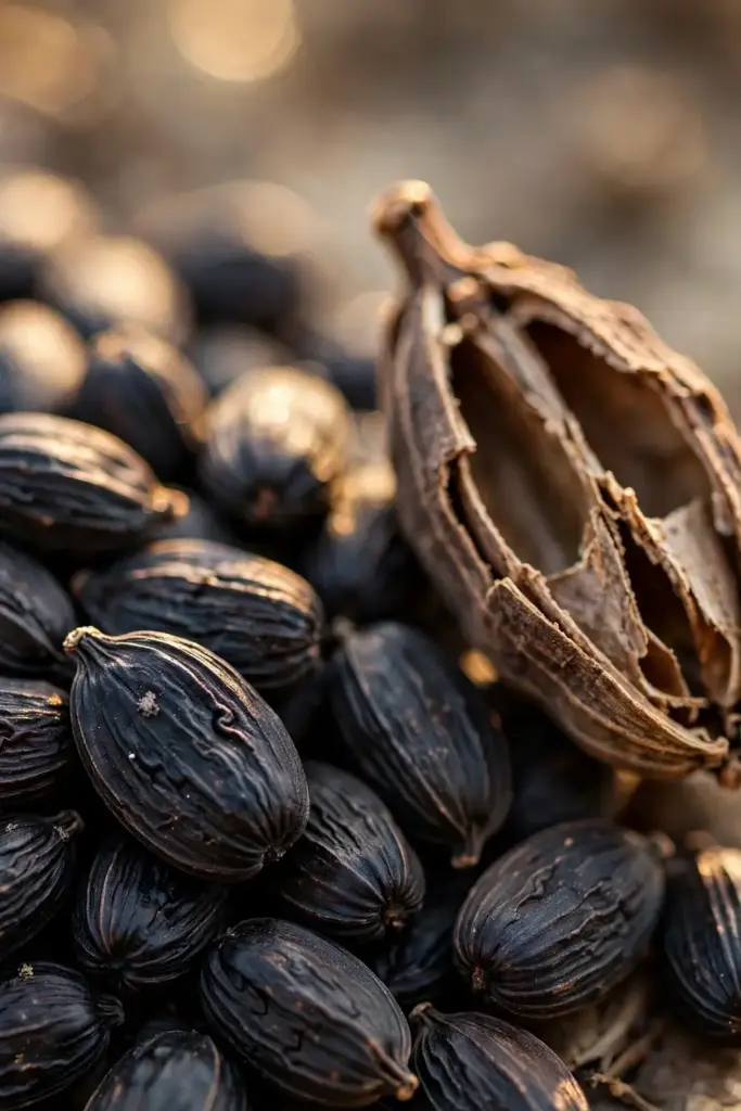 Macro of fresh glossy black cardamom seeds next to a split dried pod