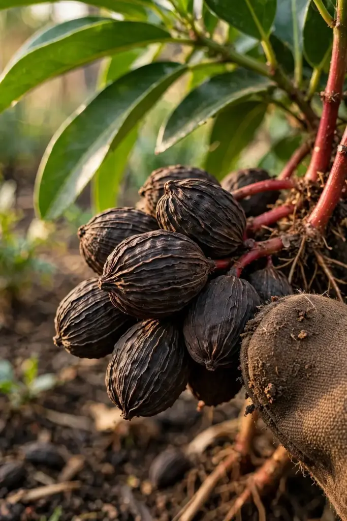 Hand holding freshly picked dark ripe black cardamom pods at the plant base