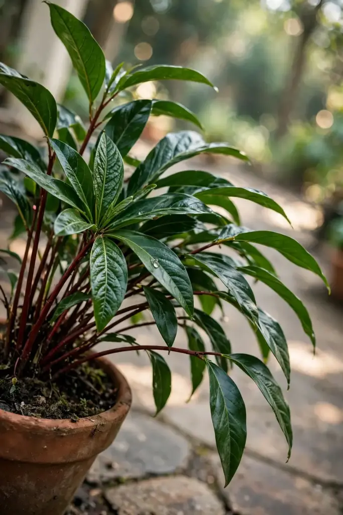 Healthy young black cardamom plant in a pot, full view