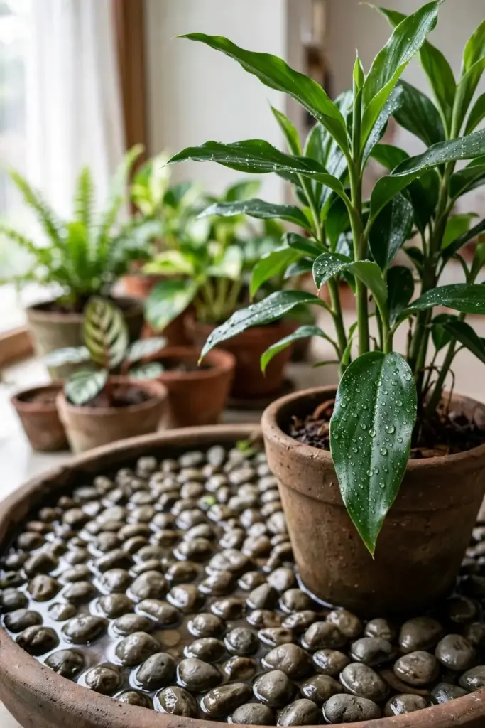 Potted cardamom on a pebble tray with misted leaves for humidity