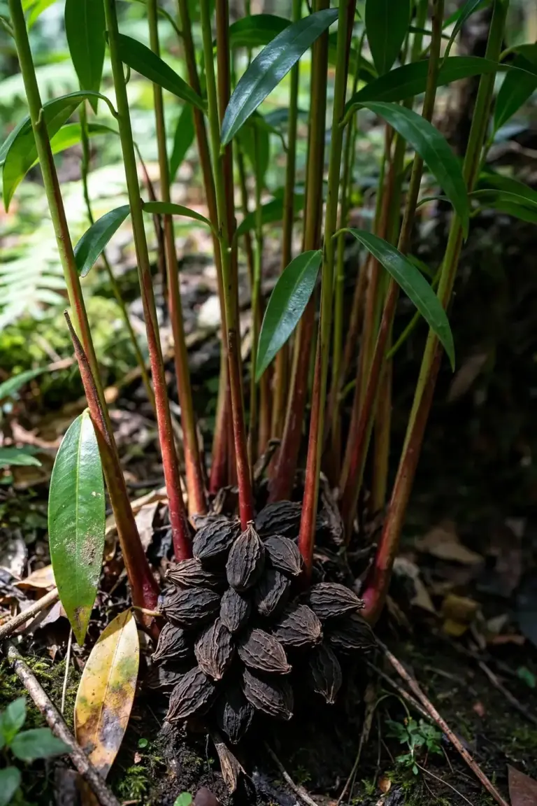 Mature black cardamom clump with dark wrinkled pods in a shaded garden bed