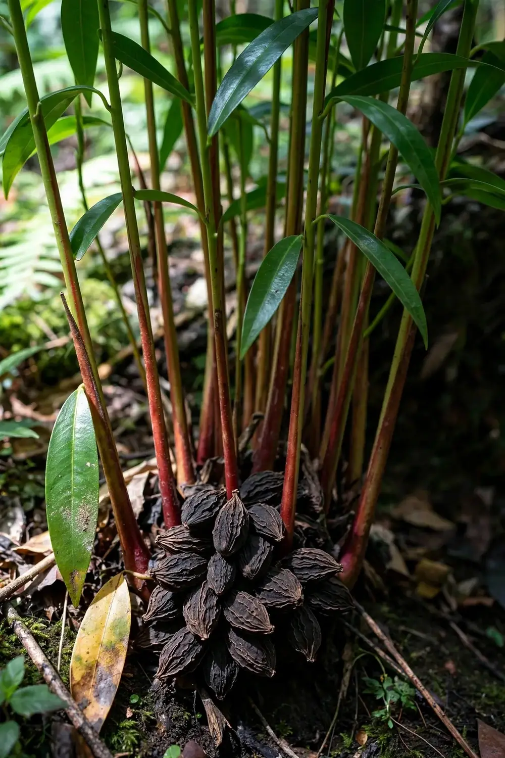 Mature black cardamom clump with dark wrinkled pods in a shaded garden bed