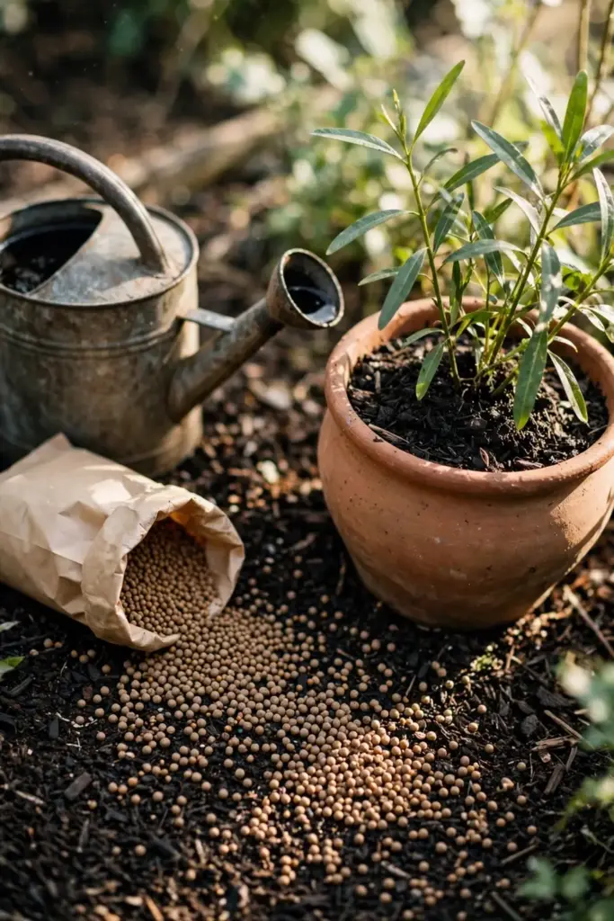 Organic fertilizer and compost tea beside a potted cardamom plant