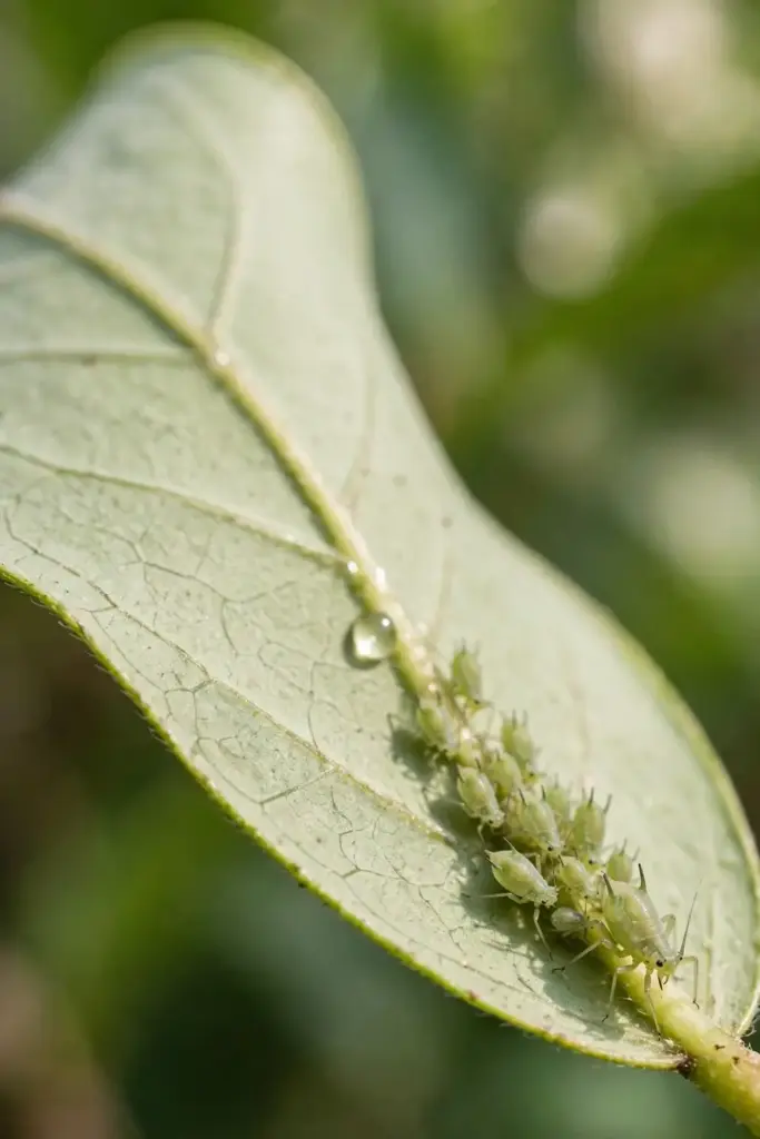 Macro of aphids clustered on the underside of a cardamom leaf