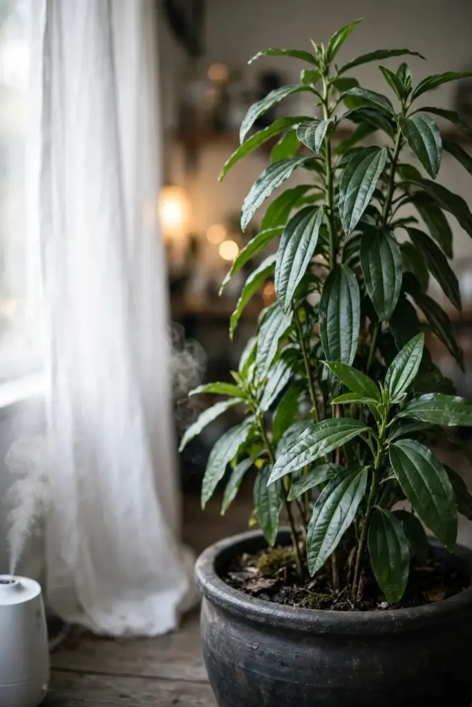 Large potted black cardamom overwintering by a bright indoor window