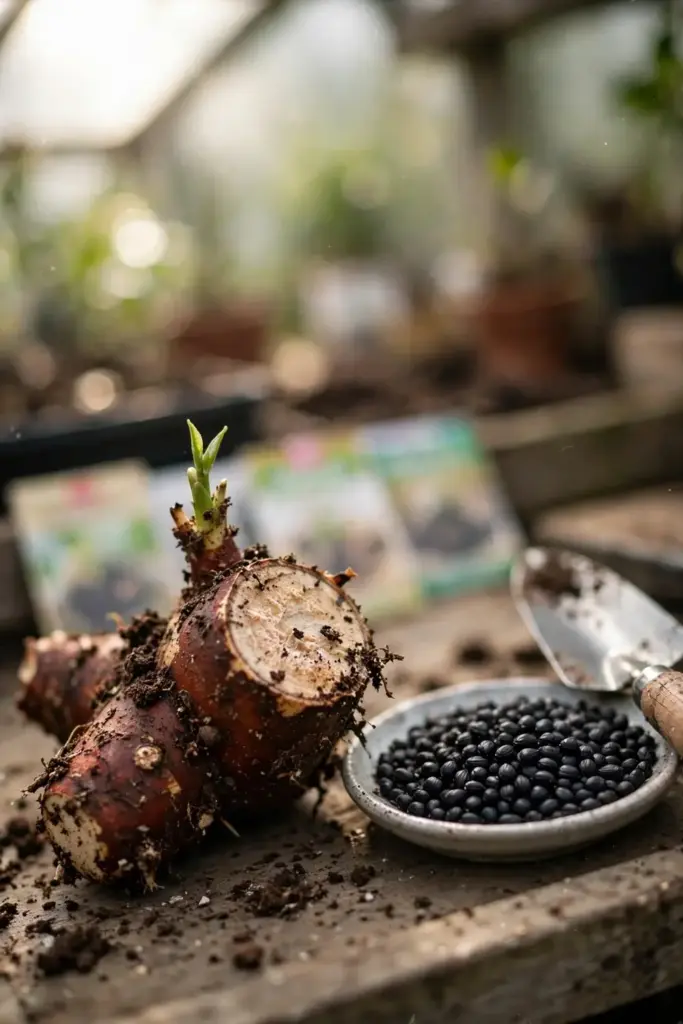Black cardamom seeds in a dish beside a rhizome division ready to plant