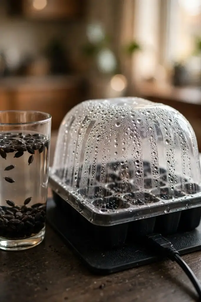 Cardamom seeds soaking in water beside a covered seed tray on a heat mat