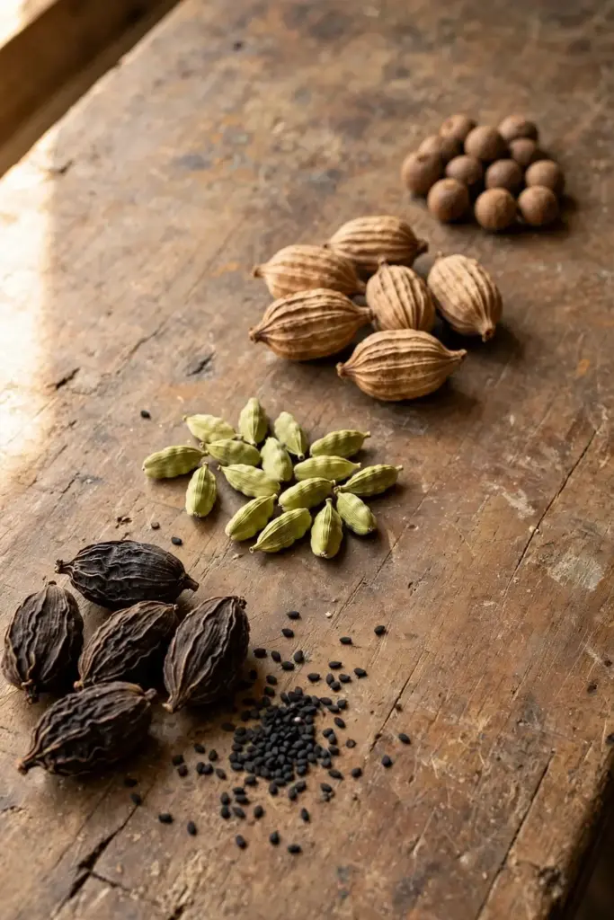 Side by side comparison of black, green and lookalike cardamom pods on a table