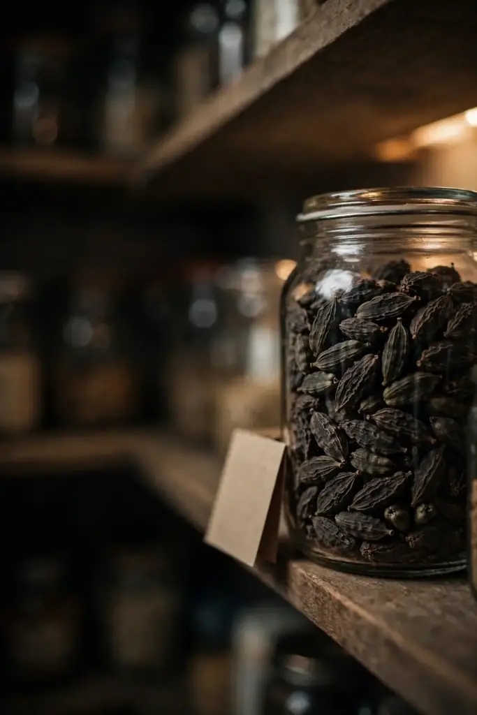 Glass jar of dried black cardamom pods stored in a dark cupboard