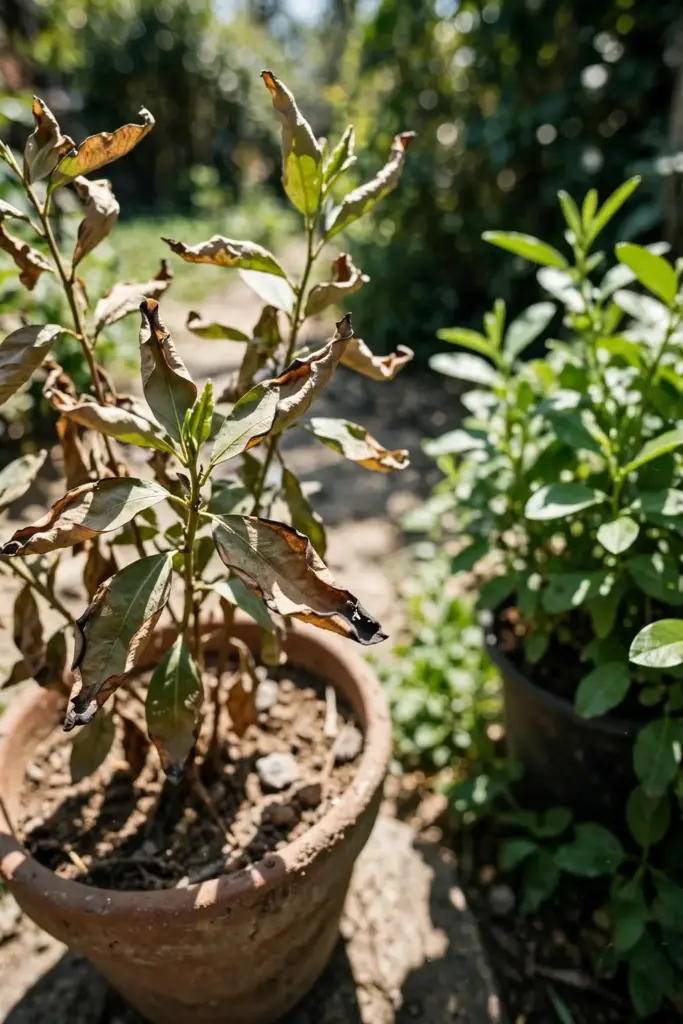 Sun-scorched cardamom leaves contrasted with a healthy shaded plant