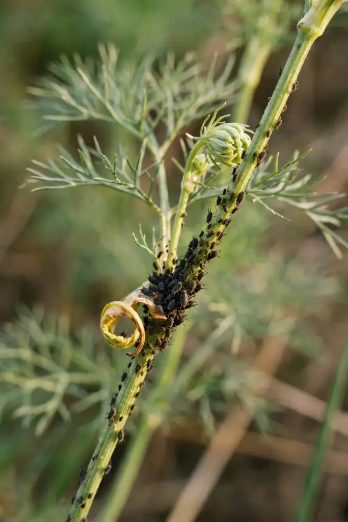 Aphids crowding a black cumin stem below a flower bud